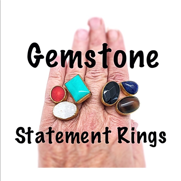 Large Triple Gemstone-Lapis,Tigers Eye,Blk Obsidian Statement Rings set in Gold - Picture 4 of 6